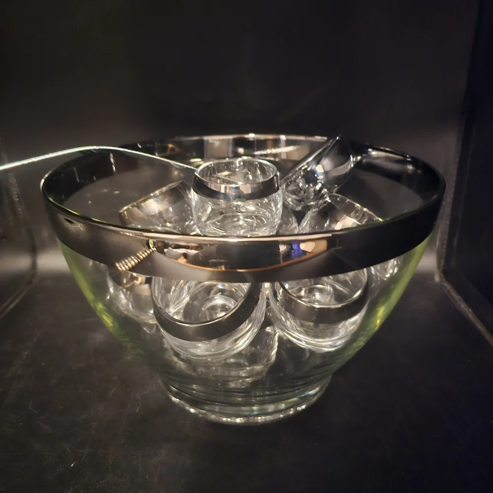 Vintage Dorothy Thorpe‎ Silver Fade Punch Bowl W/12 Roly Poly Glasses